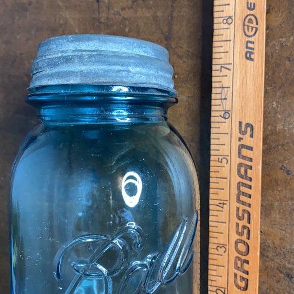 . Antique "Perfect Mason" Blue Sloop Shoulder Masons Ball Jar With Zinc Tin Lid - Picture 8 of 8